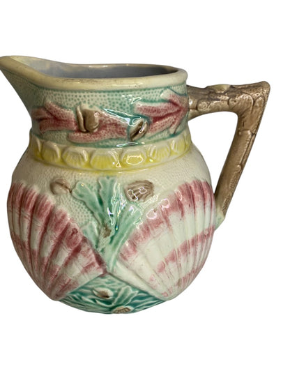 Antique 1880s Majolica Seashell Shell Seaweed Pitcher Pastel 6.5 Inch