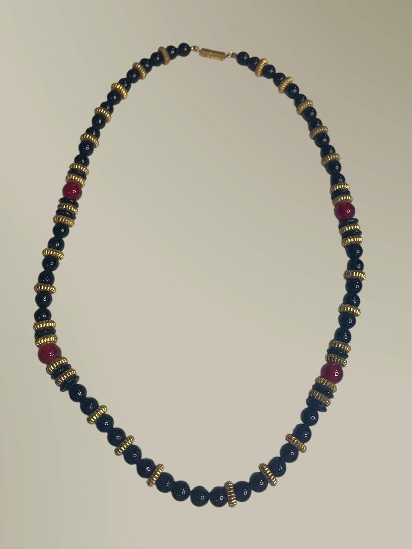 Vintage 23 Inch Beaded Necklace Red Black Goldtone Spacer Barrel Clasp