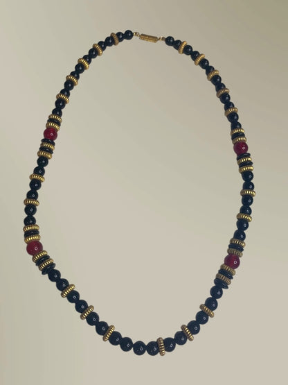Vintage 23 Inch Beaded Necklace Red Black Goldtone Spacer Barrel Clasp