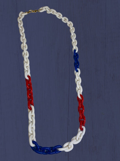 Vintage Monet Chunky Acrylic Chain Link Necklace Red White Blue 33"