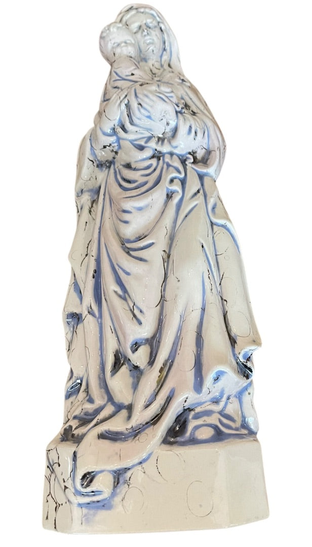 Vintage Madonna Baby Jesus Ceramic Figurine Artistic Glaze Blue Black 13.5 Inch