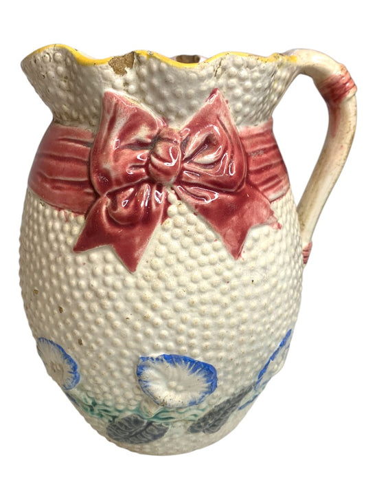 Majolica Pitcher Ribbon Pattern Antique 7.5 Inch Wildflower Ribbon