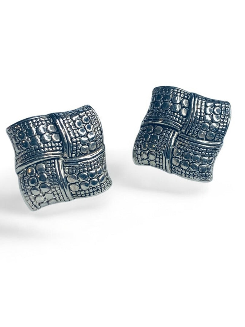 Silvertone 1980s Square Textured Earrings Post Pierced .75 Inch