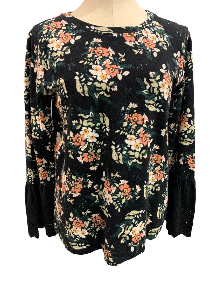 Medium Bobeau Womens Pullover Floral Shirt Eyelet Trim Sleeves