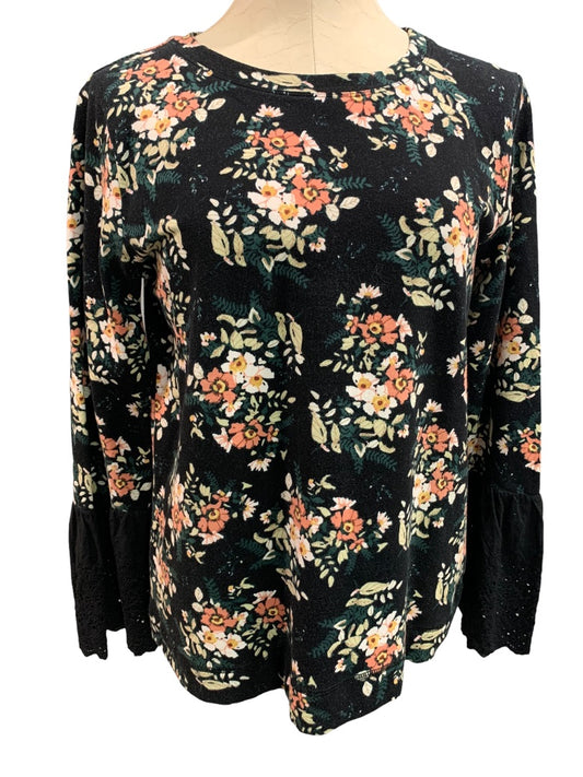 Medium Bobeau Womens Pullover Floral Shirt Eyelet Trim Sleeves