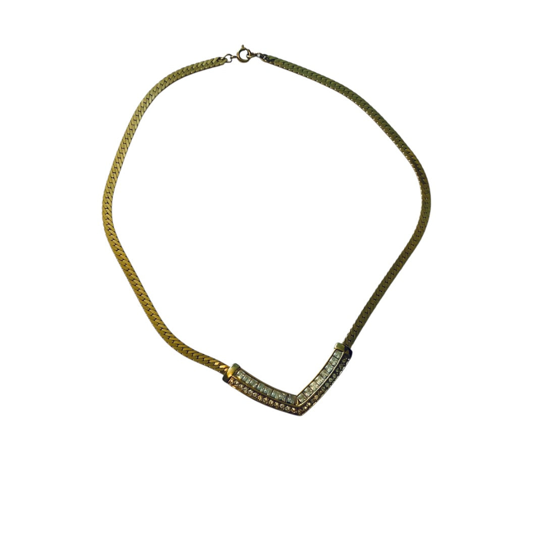 Vintage Signed Trifari Herringbone Necklace Goldtone V Shape Rhinestones 17 Inch Spring Clasp