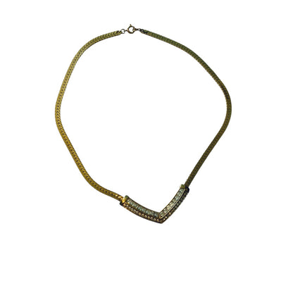 Vintage Signed Trifari Herringbone Necklace Goldtone V Shape Rhinestones 17 Inch Spring Clasp