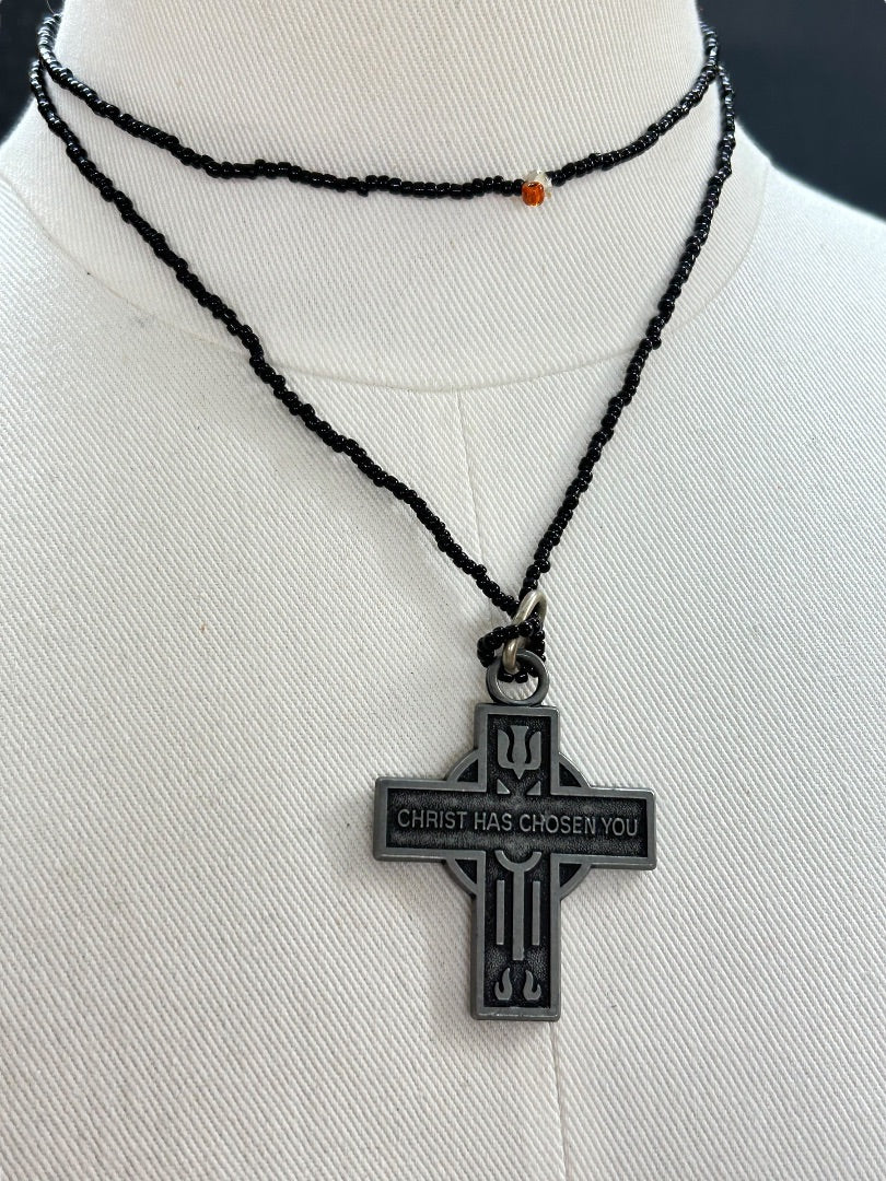 Black 32 Inch Overhead Necklace Pewter Cross Pendant "Christ has Chosen You"