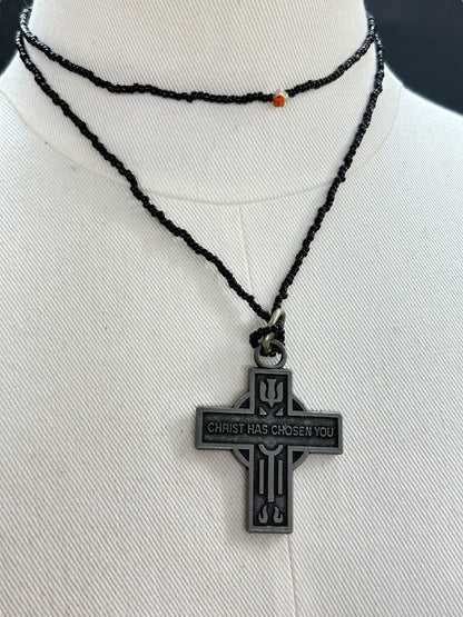 Black 32 Inch Overhead Necklace Pewter Cross Pendant "Christ has Chosen You"
