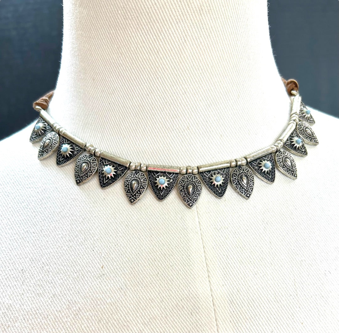 Cord and Metal Southwestern Style Necklace 15.5-18 Inch Silvertone Lobster Clasp