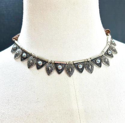 Cord and Metal Southwestern Style Necklace 15.5-18 Inch Silvertone Lobster Clasp