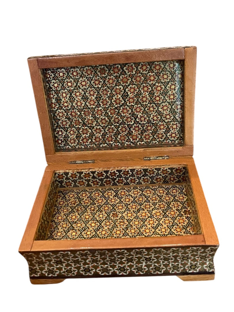 Vintage Khatam Persian Wooden Turkish Trinket Box Hinged Hand Painted