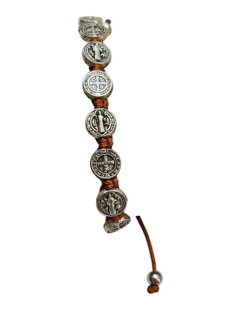 Brown St Saint Benedict Medal Silvertone 8" Adjustable Cord Bracelet