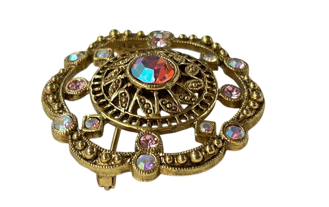 Vintage Brooch Goldtone Filigree Aurora Borealis Crystal 1.25 Inch