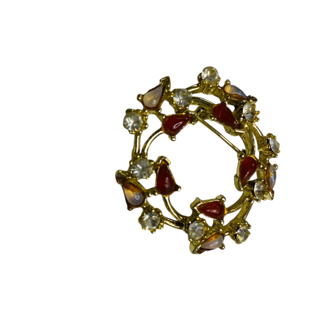 Vintage Goldtone Wreath Brooch Pin Orange Clear 1.5 Inch