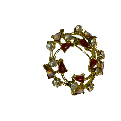 Vintage Goldtone Wreath Brooch Pin Orange Clear 1.5 Inch