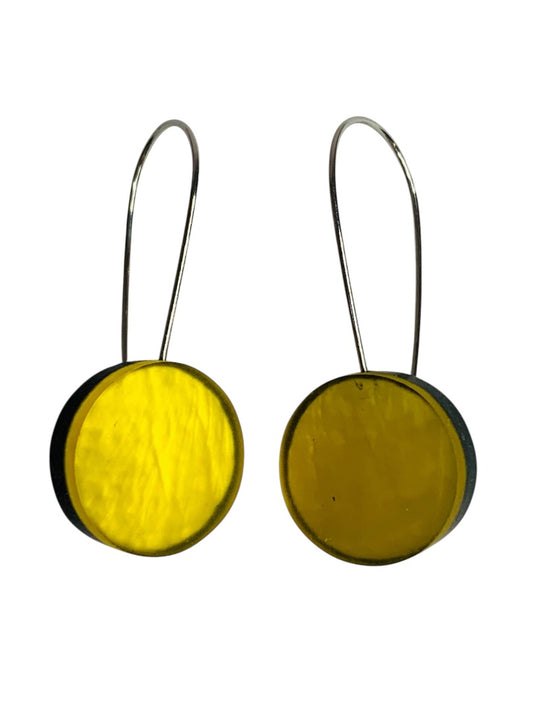 Yellow Black Wire Hook Pierced Earring Circle 1.5 Inch Drop Lightweight