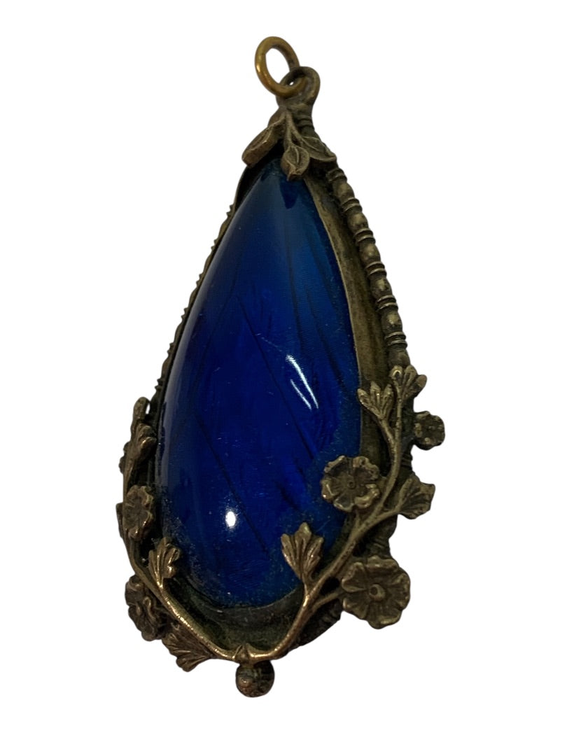 Vintage Statement Pendant Goldtone Floral Setting Blue Acrylic 2.6 Inch Drop