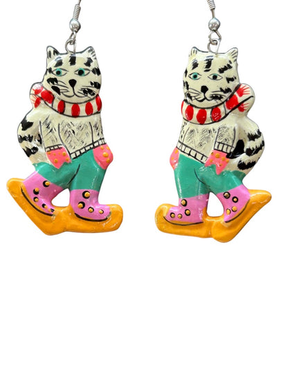 Cat Earrings Iceskating Winter 2.25 Inch Drop Pierced Fish Hook