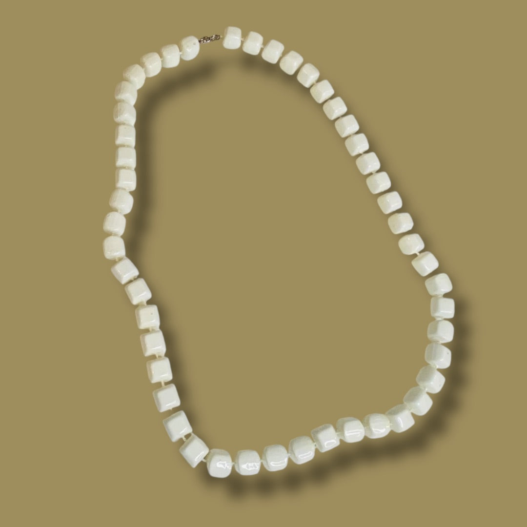 Vintage White Square Beaded Necklace 24 Inch Spring Clasp