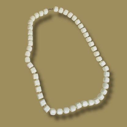 Vintage White Square Beaded Necklace 24 Inch Spring Clasp
