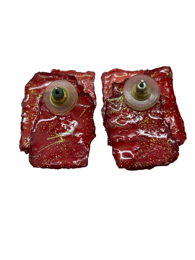 Artsy Red Sparkle Dimensional Post Pierced Earrings 1.5 Inch