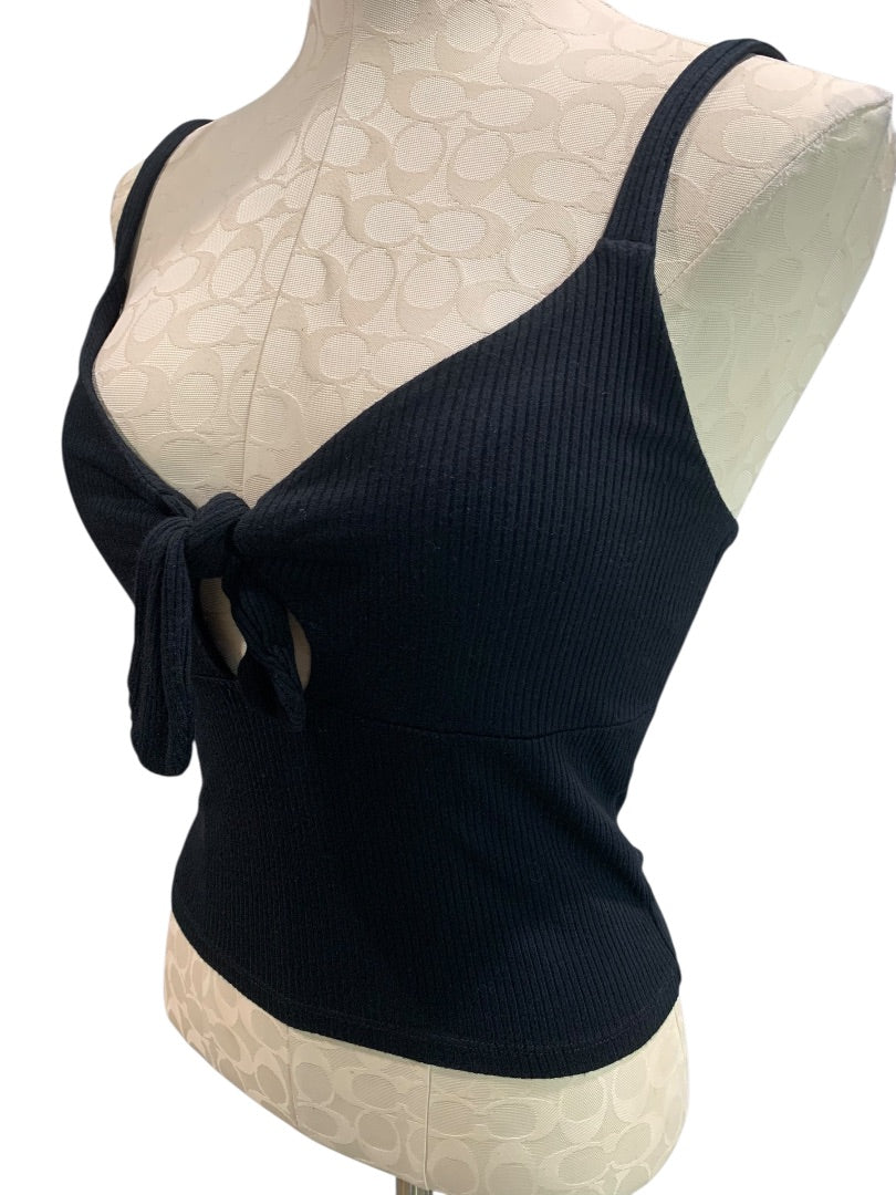 Large Forever 21 Crop Tank Top Shirt Womens Black Ribbed Tie Front