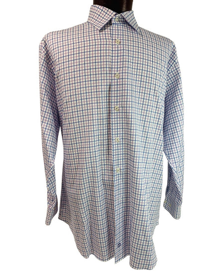 17.5 (32/33) David Donahue Mens Button Up Dress Shirt Windowpane Blue Purple
