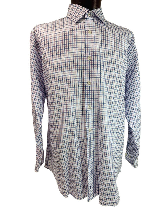 17.5 (32/33) David Donahue Mens Button Up Dress Shirt Windowpane Blue Purple