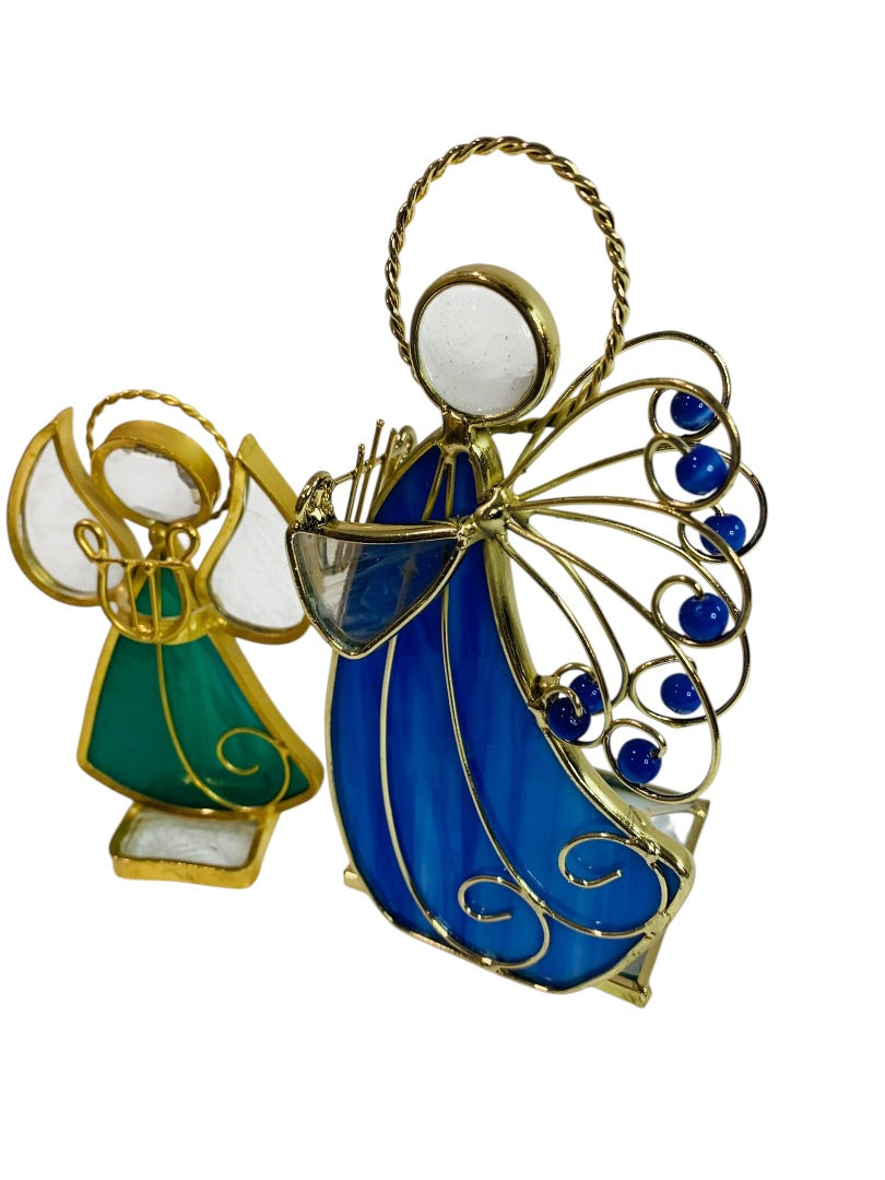 Vintage Tabletop Stained Glass Angels Goldtone Blue Green