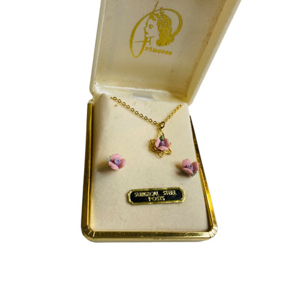 New Delicate Porcelain Pink Flower Jewelry Set Necklace Pierced Earrings Goldtone