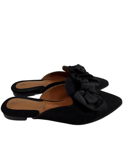 Size 7.5 Womens Faux Suede Black Slip On Shoes Grosgrain Bow Flats
