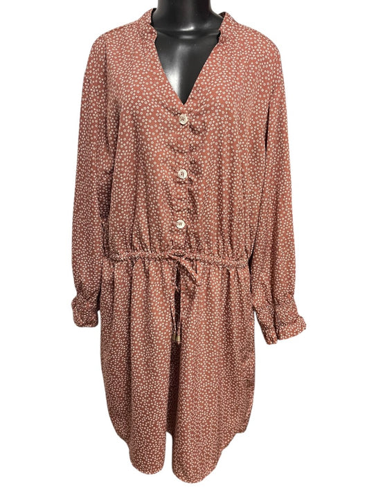 3X Indulge Floral Long Sleeve Tie Waist  Dress Brown Retro