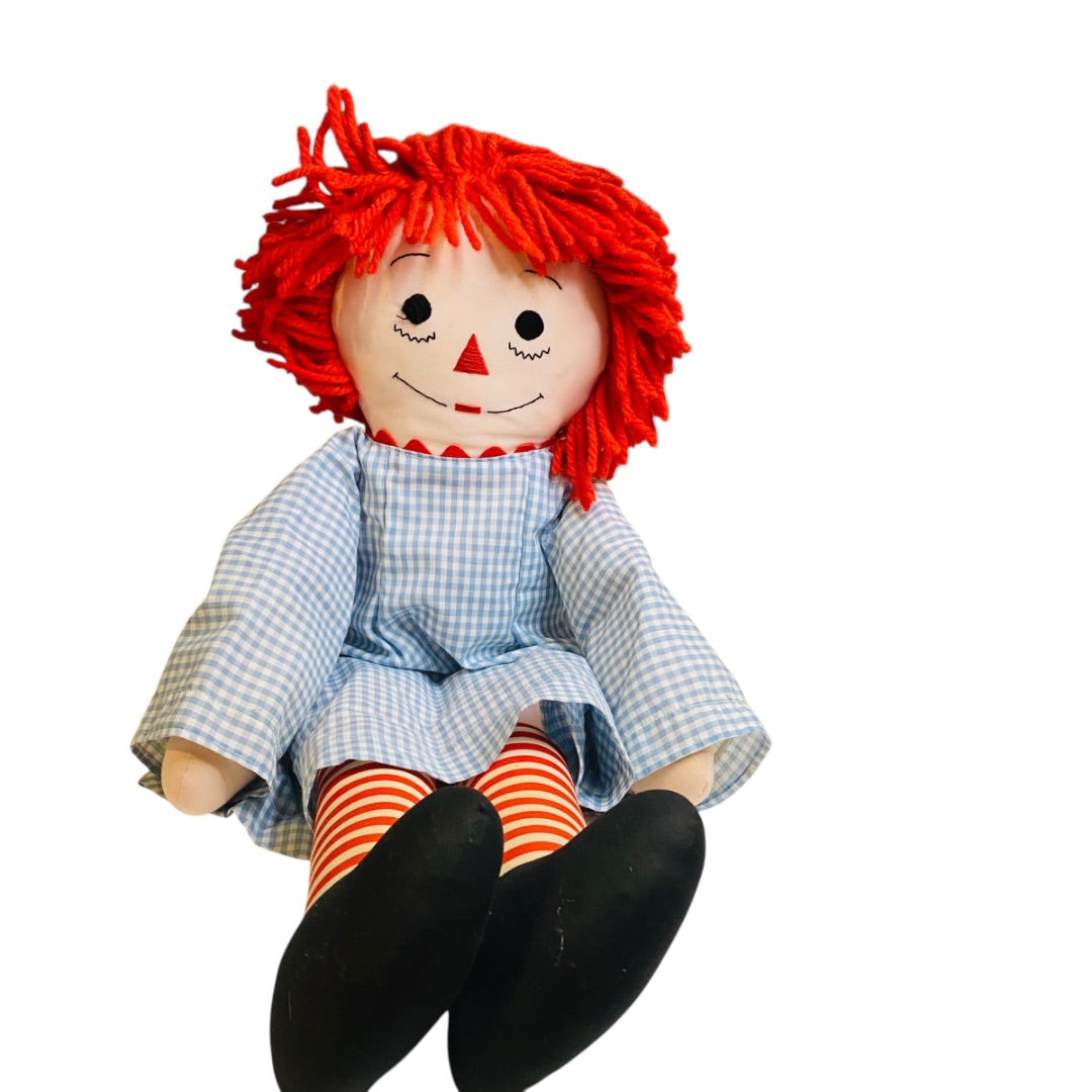 Vintage Raggedy Ann Rag Doll Blue Gingham Dress 25 Inch