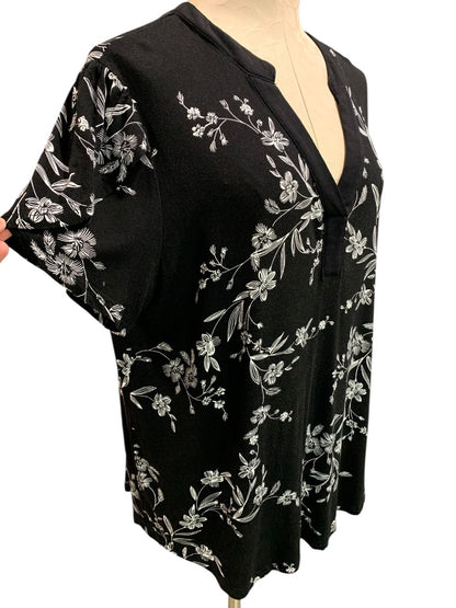 2XL Syoss Womens Soft Black Tshirt Floral Print White V-Neck