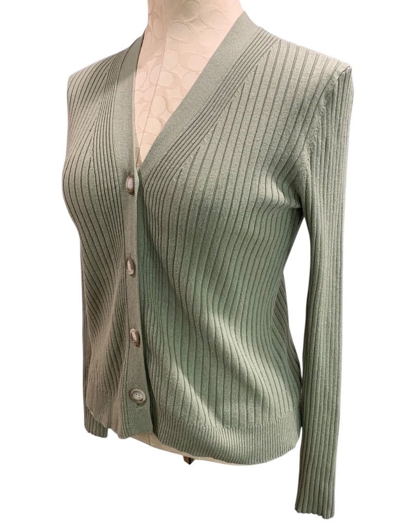 Small Petite Loft Womens V-Neck Sweater Cardigan Sage Green Ribbed