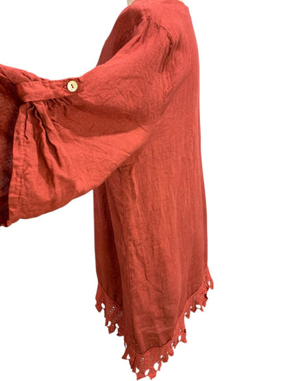 1X Lungo L'arno Womens Crochet Trim Tunic Scoop Neck Roll Tab Sleeve Linen