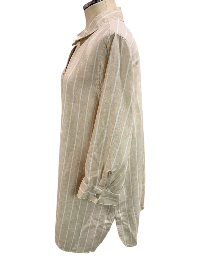 Size XL Chicos Womens Linen Tunic Button Up Blouse Shirt Tan White Stripe