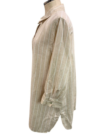 Size XL Chicos Womens Linen Tunic Button Up Blouse Shirt Tan White Stripe