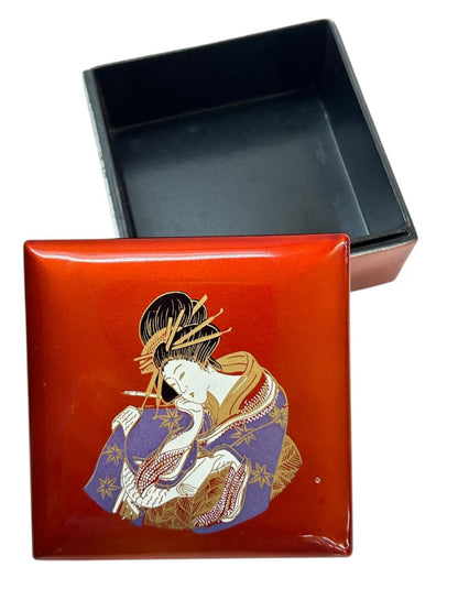 Japanese Lacquerware Box of 6 Coasters Geisha Design 2.8" Square