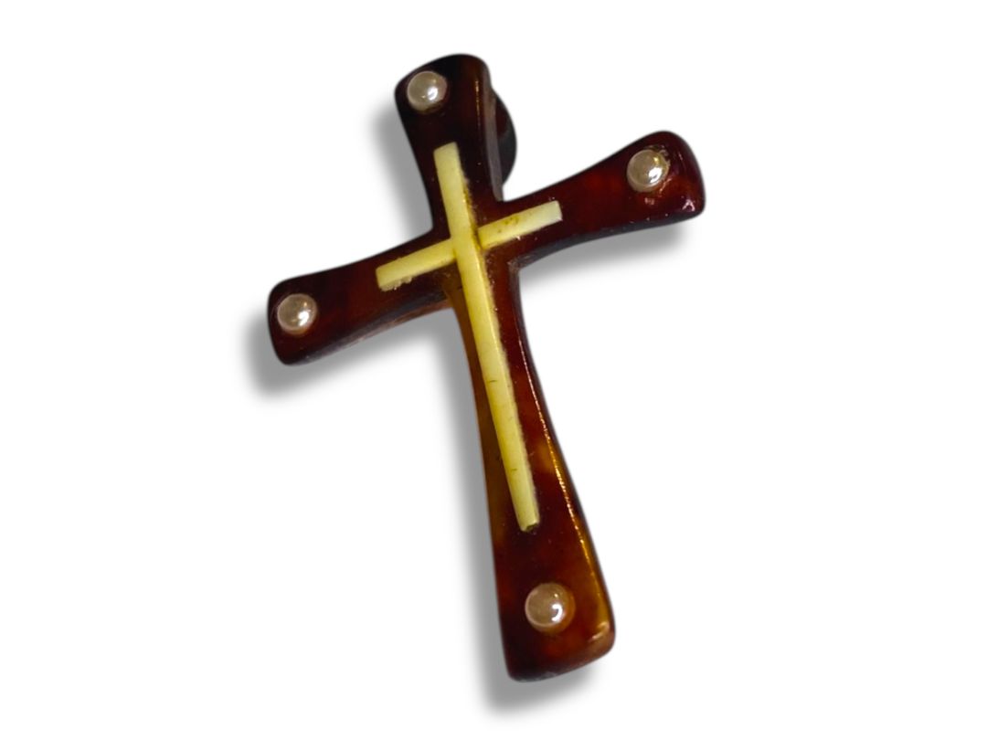 Vintage Acrylic Tortoiseshell Jewelry Pendant Cross Religious 1.5"