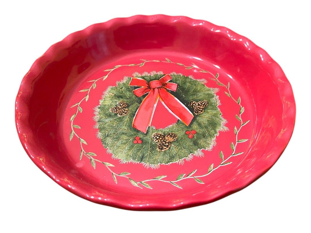 10" Nantucket Home Wreath Pie Plate Red Baking Dish Christmas