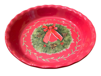 10" Nantucket Home Wreath Pie Plate Red Baking Dish Christmas