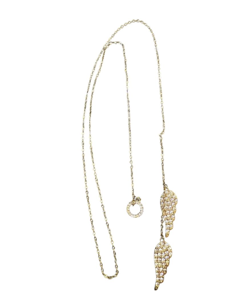 Goldtone Necklace Overhead Adjustable Feathers Rhinestones 26"