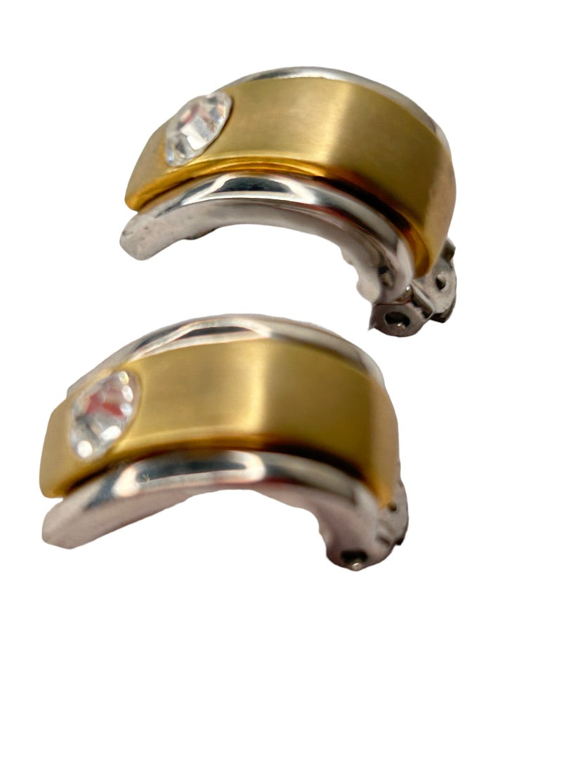 Goldtone and Silverton Non-Pierced Clip On Earring Oval Rhinestone .5"