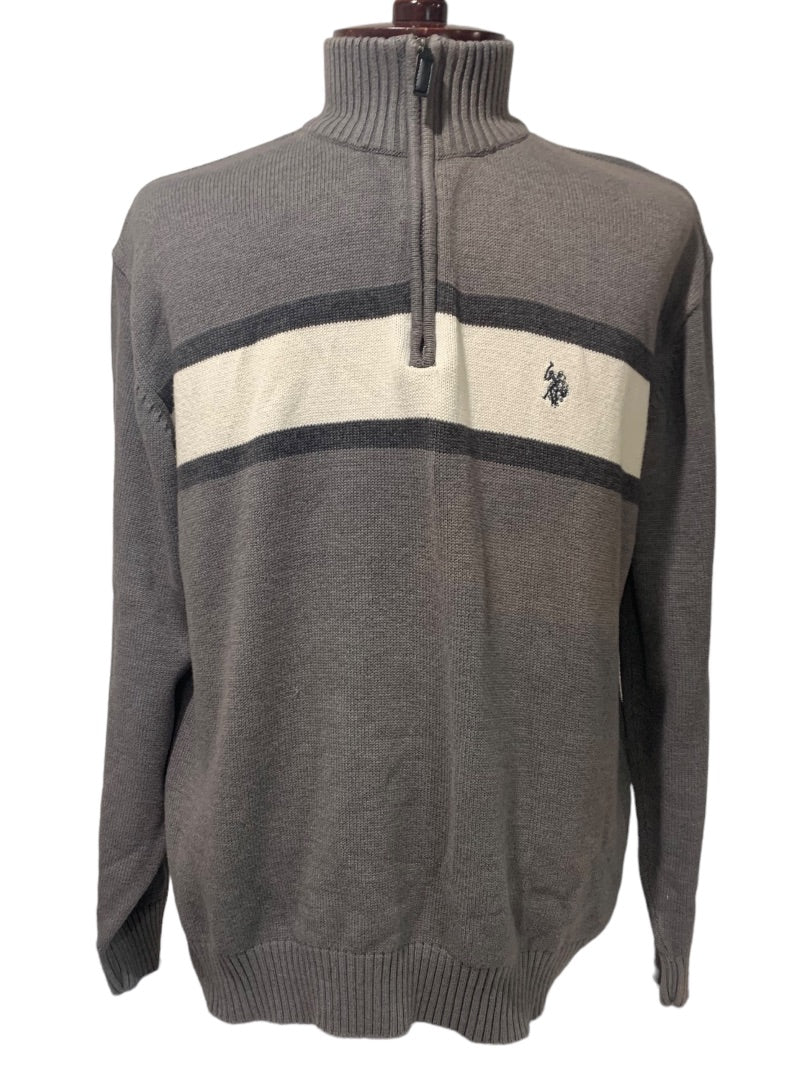 XL U.S. Polo Assn Mens Gray Stripe 1/4 Zip Pullover Sweater 100% Cotton