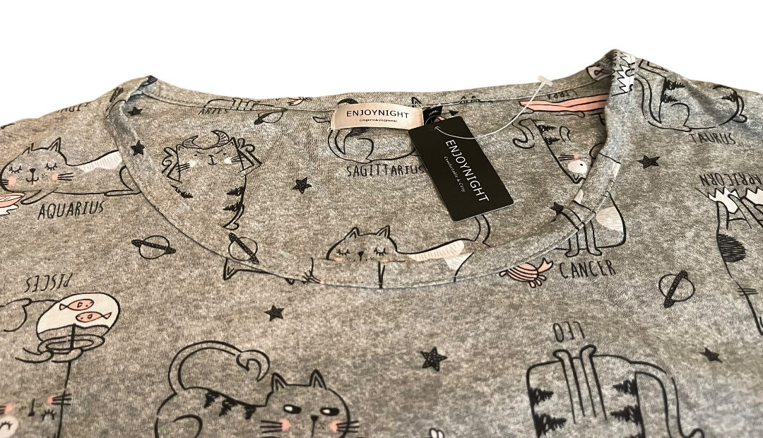 3X Enjoynight Cat Horoscope Pattern Womens Night Shirt New Gray