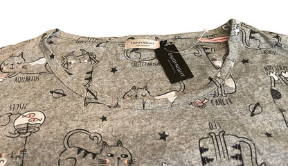 3X Enjoynight Cat Horoscope Pattern Womens Night Shirt New Gray