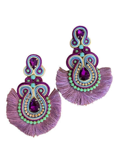 Soutache Post Earrings Purple Teardrops Fringe 4" Drop Dangle Post Pierced