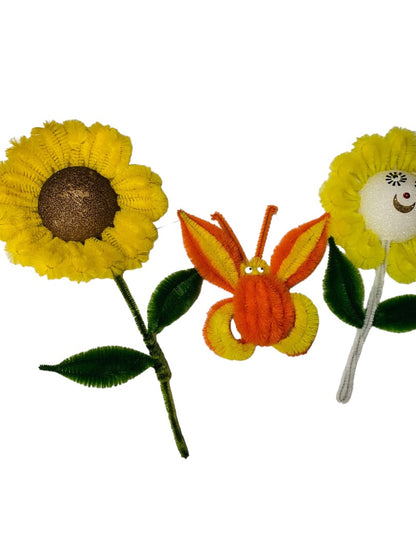 Handmade Vintage 1970s Flower Butterfly Magnets Sunflower Chenille Pipe Cleaner Googly Eyes